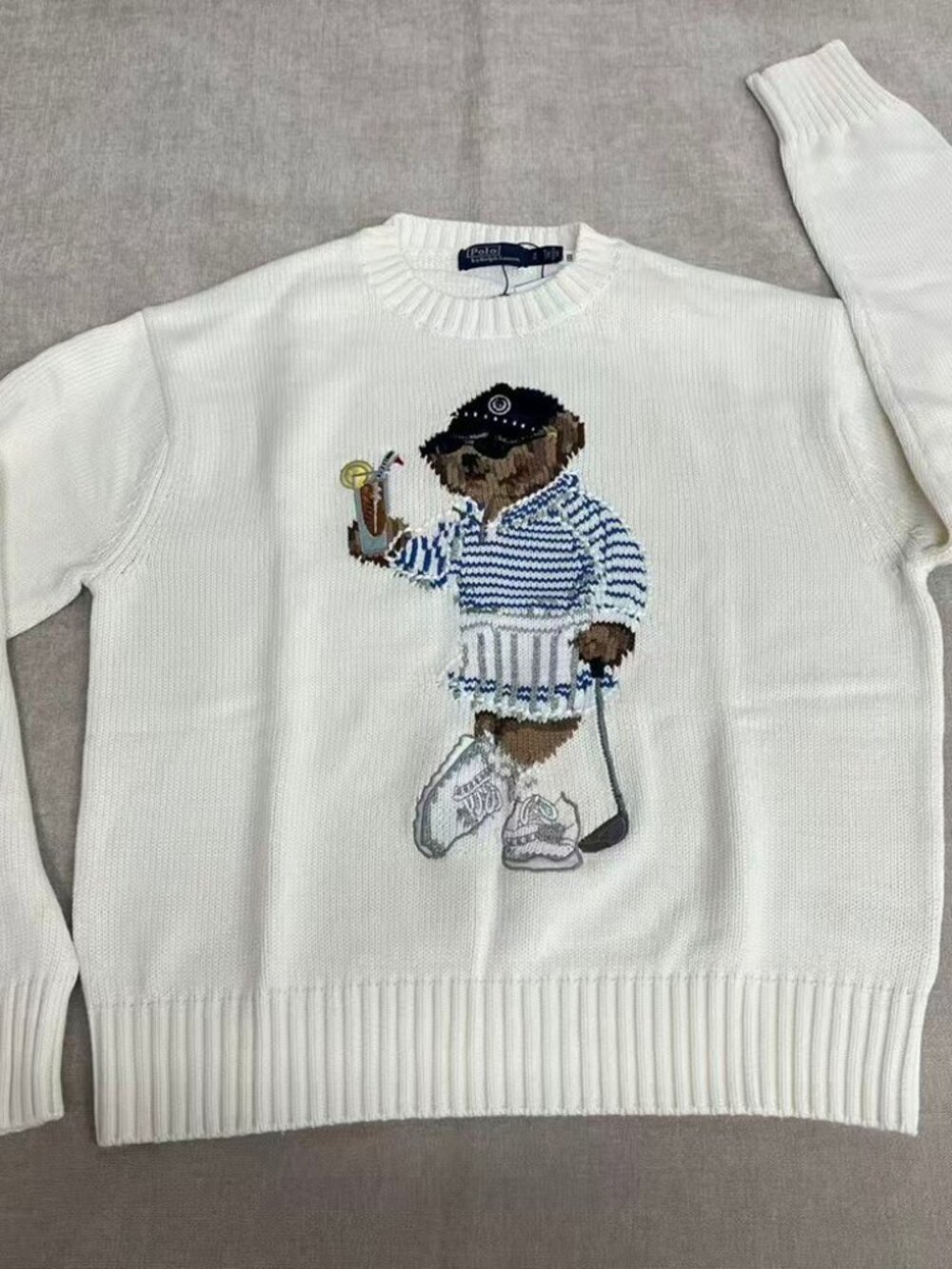 Polo Ralph Lauren Golf Bear White Crewneck Knit Sweater